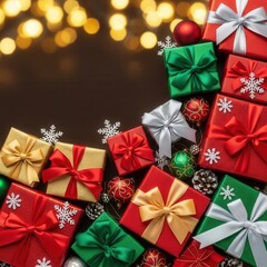 Collection of colorful christmas gifts with shiny ornaments and bokeh lights