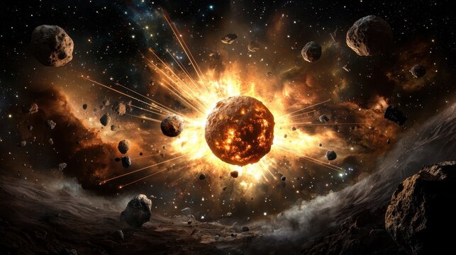 Explosive Asteroid Impact in Outer Space with Fiery Background