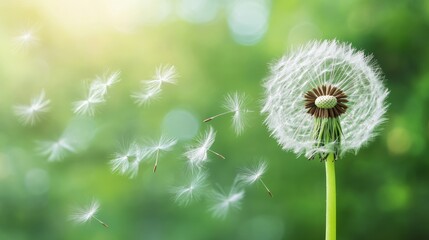Dandelion seeds dispersing in the wind against a vibrant green background