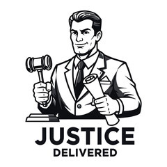 Retro style judge holding gavel and legal document logo