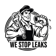Retro plumber cartoon logo with we stop leaks slogan