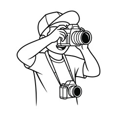 Outline illustration of a young photographer taking a picture with a camera