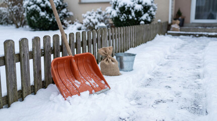 Orange snow shovel, burlap salt sack, and metal bucket arranged by wooden fence near cleared path for winter maintenance