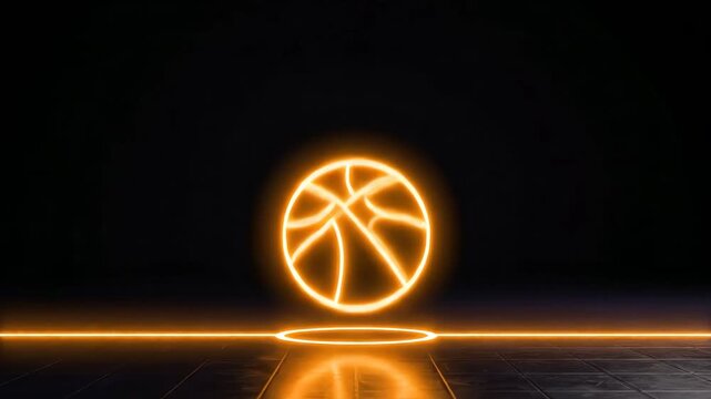 A glowing basketball logo in 4K resolution is reflected on a sleek, dark surface, shining brightly from within a minimalist, futuristic environment, viewed from a straight-on perspective.