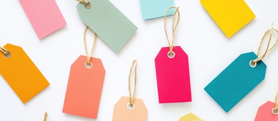 Colorful Blank Paper Tags with Strings on White Background. Assorted bright price labels, discount tags, and gift cards, flat lay top view.