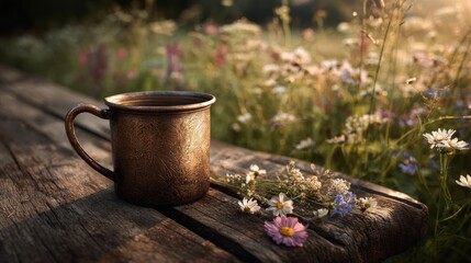 Rustic Metal Mug on Wooden Bench with Wildflowers.