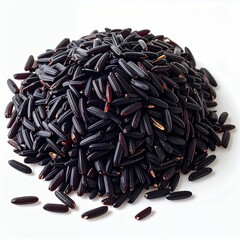 Pile of alluring black rice grains on white background, showcasing natural texture