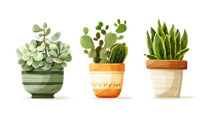 Obraz premium Three vibrant watercolor illustrations of potted succulents and cacti on a clean white backdrop