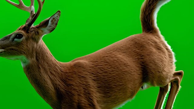 Majestic deer leaping in the air with a vibrant green screen background for creative use