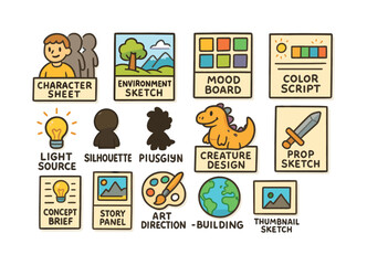Fototapeta premium Art process flat icon set. featuring character sheet, environment sketch, mood board, light source, and prop sketch