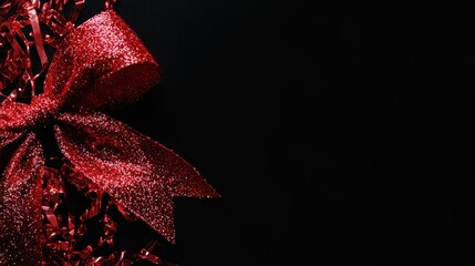 Sparkling Red Bow on Dark Background Holiday Decoration