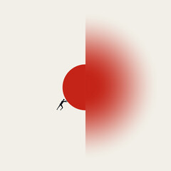 Business Goal Achievement and Success Concept with Businessman Pushing Red Sphere Across Finish Line to Victory. Minimalist VEctor Conceptual Illustration