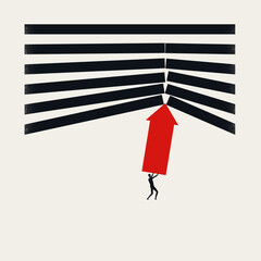 Business Achievement and Growth Concept with Man Pushing Red Arrow Upward to Break Through Obstacles and Barriers. Minimalist VEctor Illustration