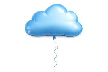 Blue cloud balloon floating with string. Shiny foil balloon representing weather, data, or digital concepts. Isolated on transparent