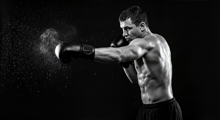 Boxer Throwing Powerful Punch with Sweat Particles in Studio Lighting