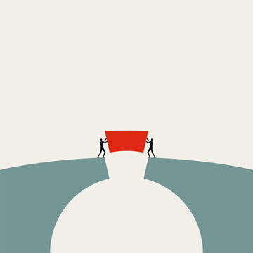 Business Cooperation and Teamwork Concept with Professionals Finishing a Bridge to Connect Success and Goals. Minimal Vector Illustration