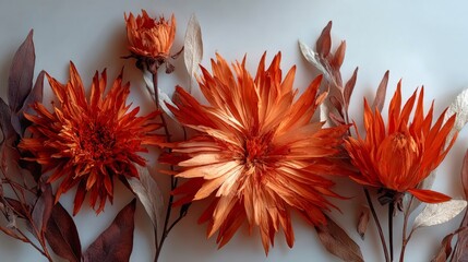 Orange Paper Flowers on White Background.