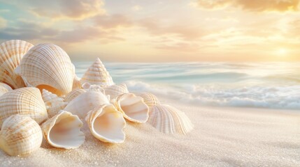A beautiful collection of seashells rests on the sandy shore, illuminated by the warm glow of the setting sun and the gentle waves of the ocean, creating a serene and picturesque coastal scene