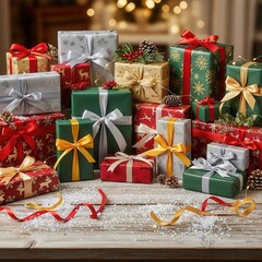 Beautiful assortment of christmas gifts on rustic wooden surface with sparkling glitter and ribbons