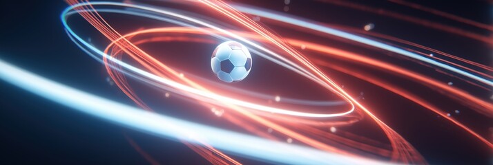 Obraz premium Soccer ball in dynamic motion, surrounded by energetic light trails in red and blue, creating a vibrant speed effect against a dark background, representing sport and excitement