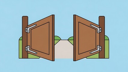 Minimalist Style Open Wooden Garden Gate Illustration on Light Blue Background