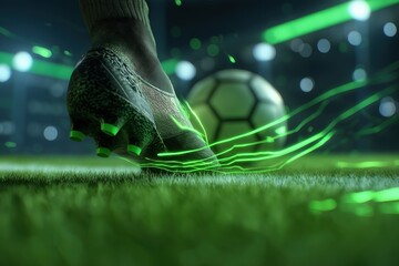 Soccer player's foot in cleat with glowing lines, kick football on grass field. Dynamic and futuristic sports action