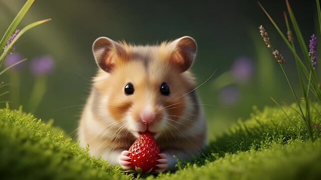 cute hamster with strawberry in sunny garden scene