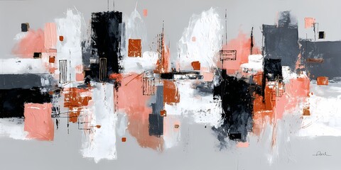 Abstract artwork featuring a blend of orange, black, and white shapes resembling a cityscape.