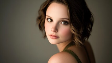 Young woman with brown hair and green eyes posing in studio