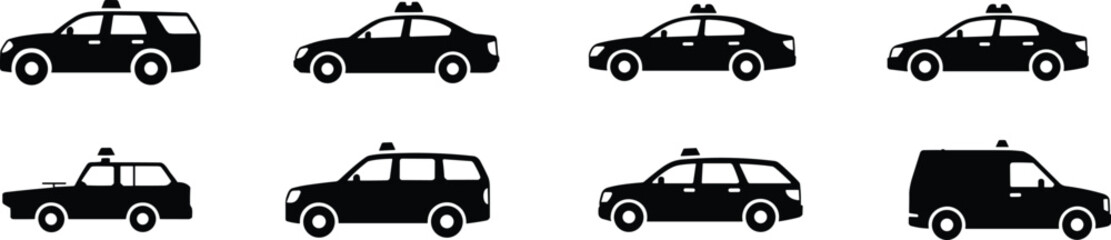 Black taxi car silhouette icons set featuring urban transportation vehicles vector collection for city transport service design branding ui © LT studio