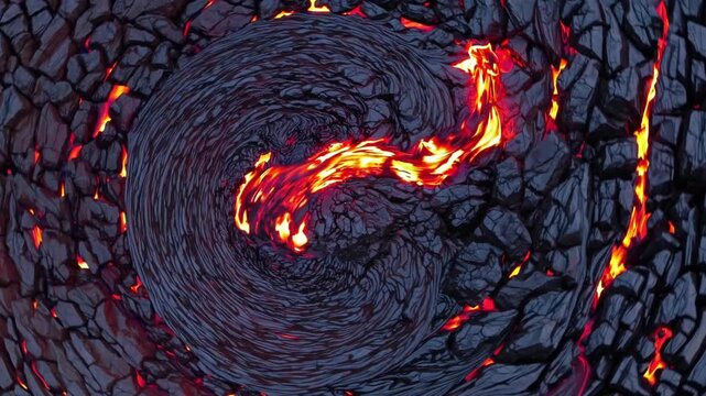aerial closeup lava spiral glowing vivid, molten river twisting inside cooling basalt crust with ember veins and textured black plates, slow viscous rotation creates hypnotic pattern, scientific drone