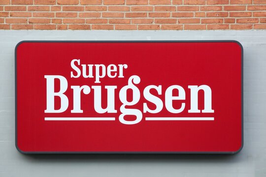 Skanderborg, Denmark - July 3, 2025: Brugsen logo on a facade. Brugsen is a supermarket chain in Denmark, owned by Coop amba