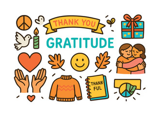 Gratitude flat icon set. featuring heart, gift, peace, hug, candle, smiley, hands, leaf, sweater, notebook