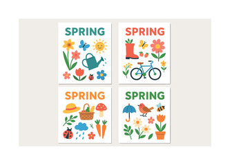 Fototapeta premium Springtime flat icon set. featuring flowers, sun, butterfly, watering can, bicycle, and more seasonal symbols