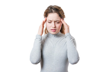 Woman with headache holding her temples