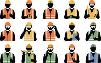 Construction worker character illustration set featuring safety helmets vests tools and professional poses for industry training design branding