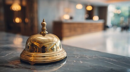 Close-up of a gold bell on a marble counter, blurred background, interior, hotel lobby