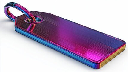 Highly reflective, iridescent rectangular metal tag with a rounded loop, isolated on white