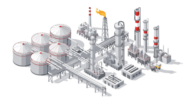 An isometric vector illustration of an industrial oil and gas refinery complex, showcasing storage tanks and processing equipment