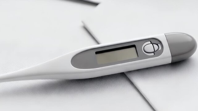 digital thermometer close-up on white surface with display