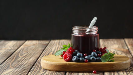 Jar of homemade berry jam with fresh fruits on a wooden board in a kitchen setting during the day