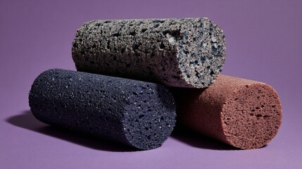 Three cylindrical samples of varied colored stone material, arranged on a vibrant purple backdrop