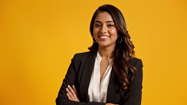 Portrait of a confident and successful young Indian woman smiling, with arms crossed, against a bright yellow studio backdrop
