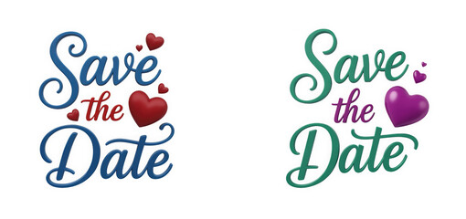 Collection of beautifully rendered save the date typography designs with romantic heart embellishments on transparent background