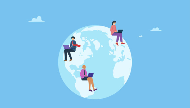 Business people sitting around world map on globe working with online laptop. Work from anywhere around the world, remote working or freelance, international company or global business.