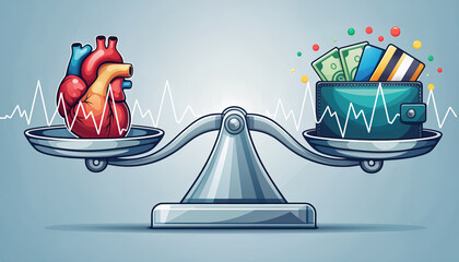Consumer spending behavior heart wallet balance scale money card finance choice dilemma health cost budget saving economic lifestyle heartbeat metaphor modern
