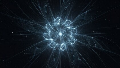 Mesmerizing digital fractal art featuring intricate glowing blue energy lines radiating from a central point, creating a dynamic and abstract cosmic pattern on a dark background