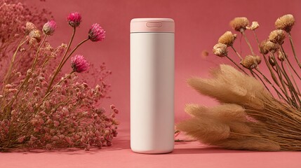 A white insulated bottle with pink lid is flanked by dried pink and beige flowers on a pink backdrop