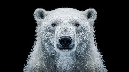 Close-up of a polar bear with white fur and red eyes against a stark black background