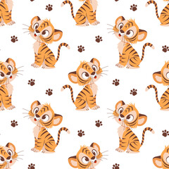 A seamless vector pattern with tiger cubs and paw prints on a white background.